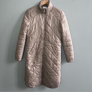 Noisy May ASOS Long Quilted Puffer Coat Neutral Beige Tan Side Zippers Small
